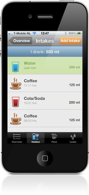 iP Voiding Diary intake screen for recording a drink and its volume
