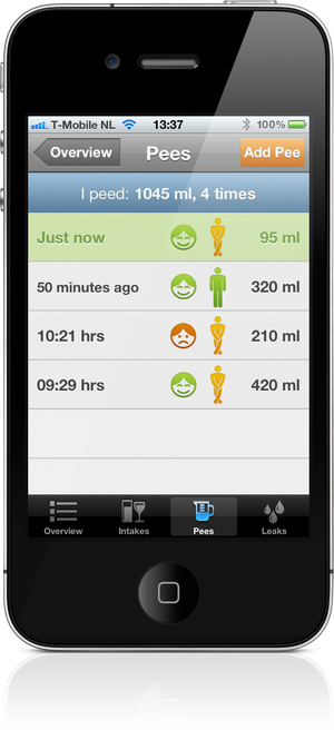 iP Voiding Diary screen for recording a pee, its volume, urge and pain